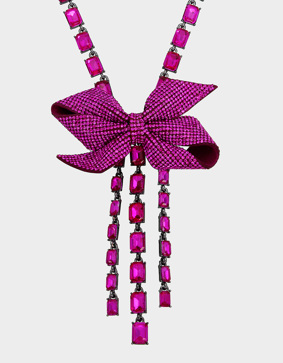 Betsey Johnson SPARKLY Pink Crystal Bows Large Rhinestone Bow Gold Necklace  RARE