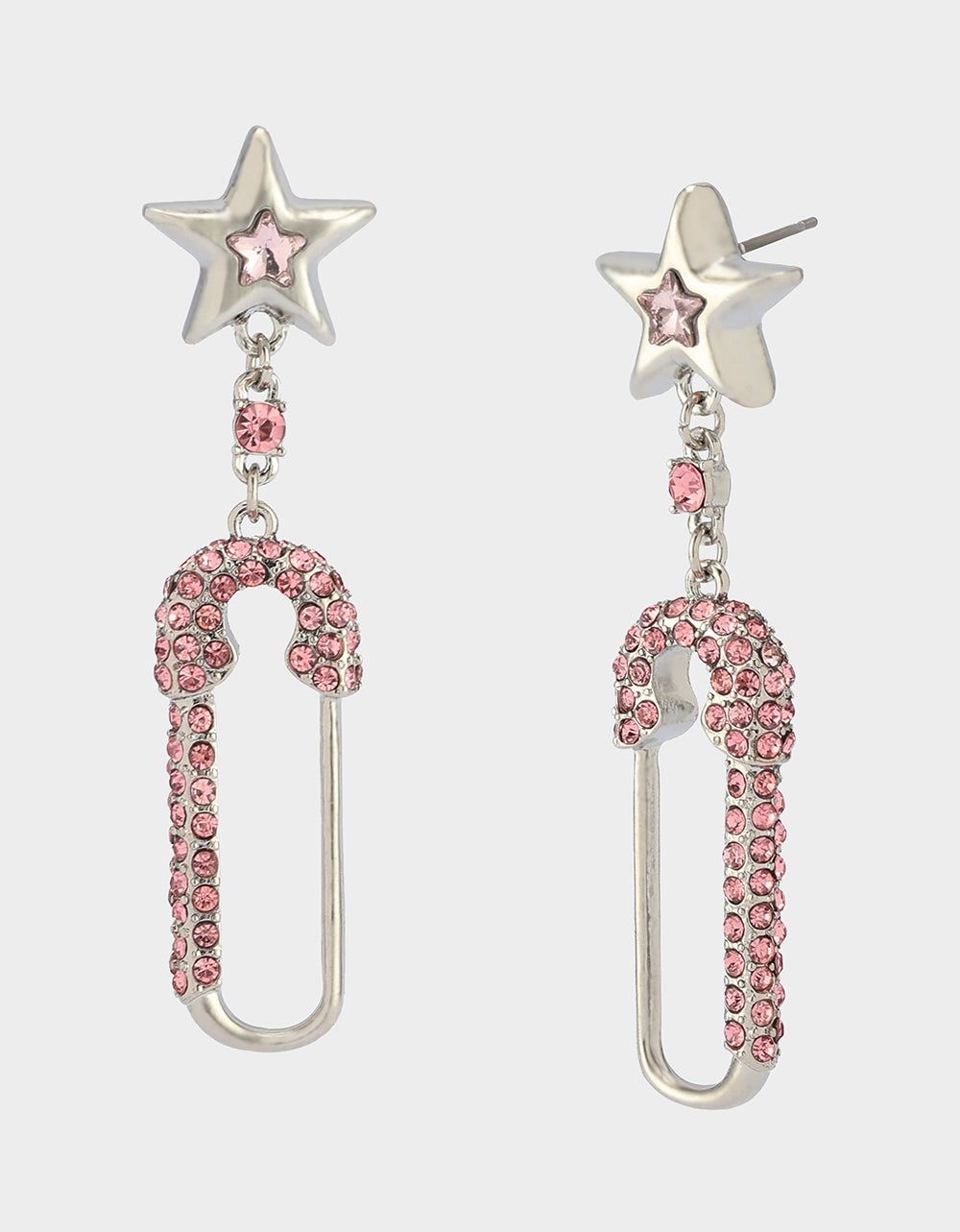SAFTY PIN STAR DROP EARRINGS PINK Women's Safety Pin Star Rhinestone Embellished Drop Earrings