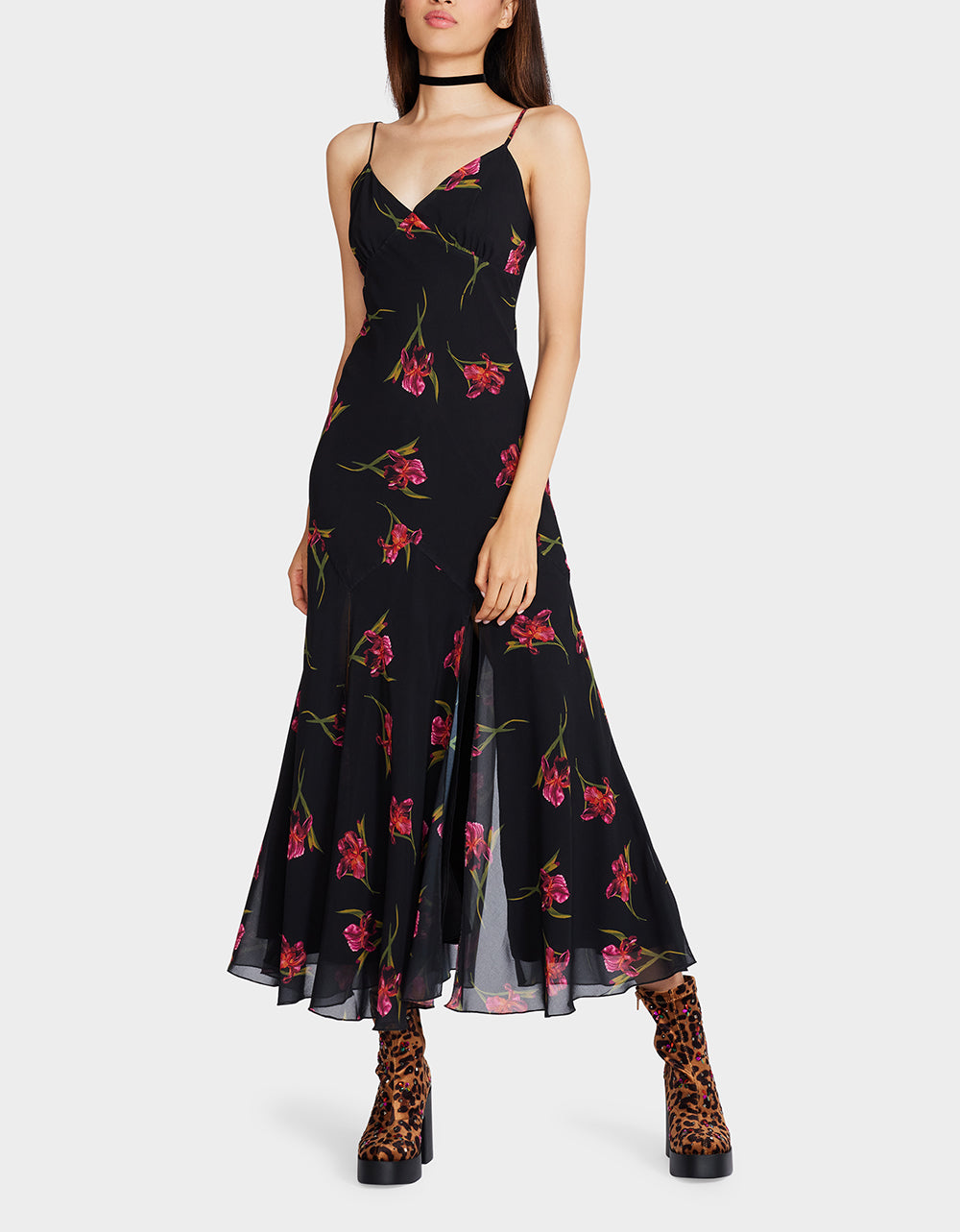 ADDISON MIDI DRESS ORCHID PRINT BLACK Women s Dresses Betsey Johnson