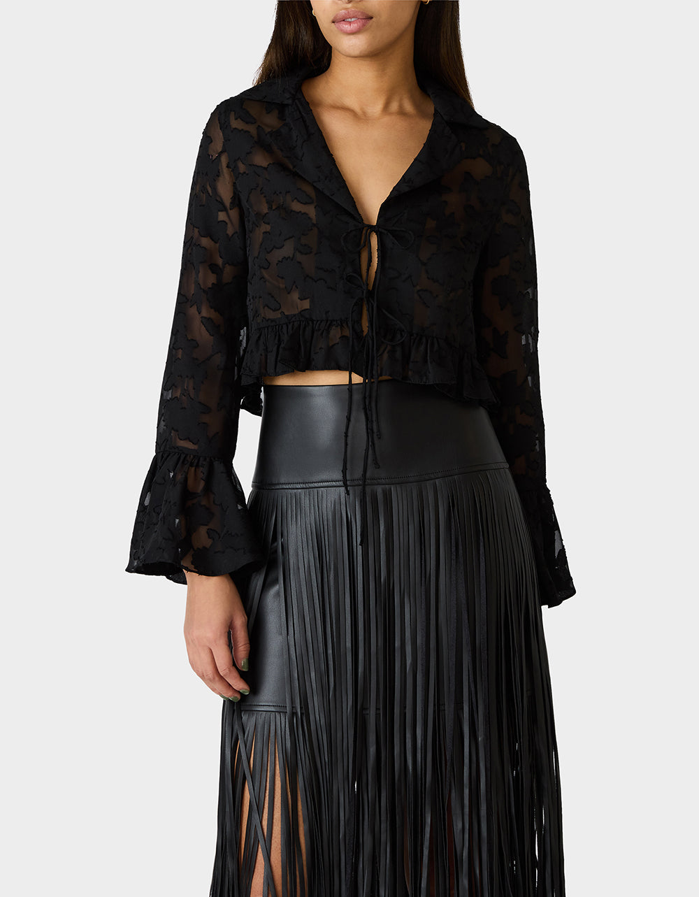 OPHELIA NOIR BLOUSE BLACK Women's Tie Front Long Sleeve Mesh Crop