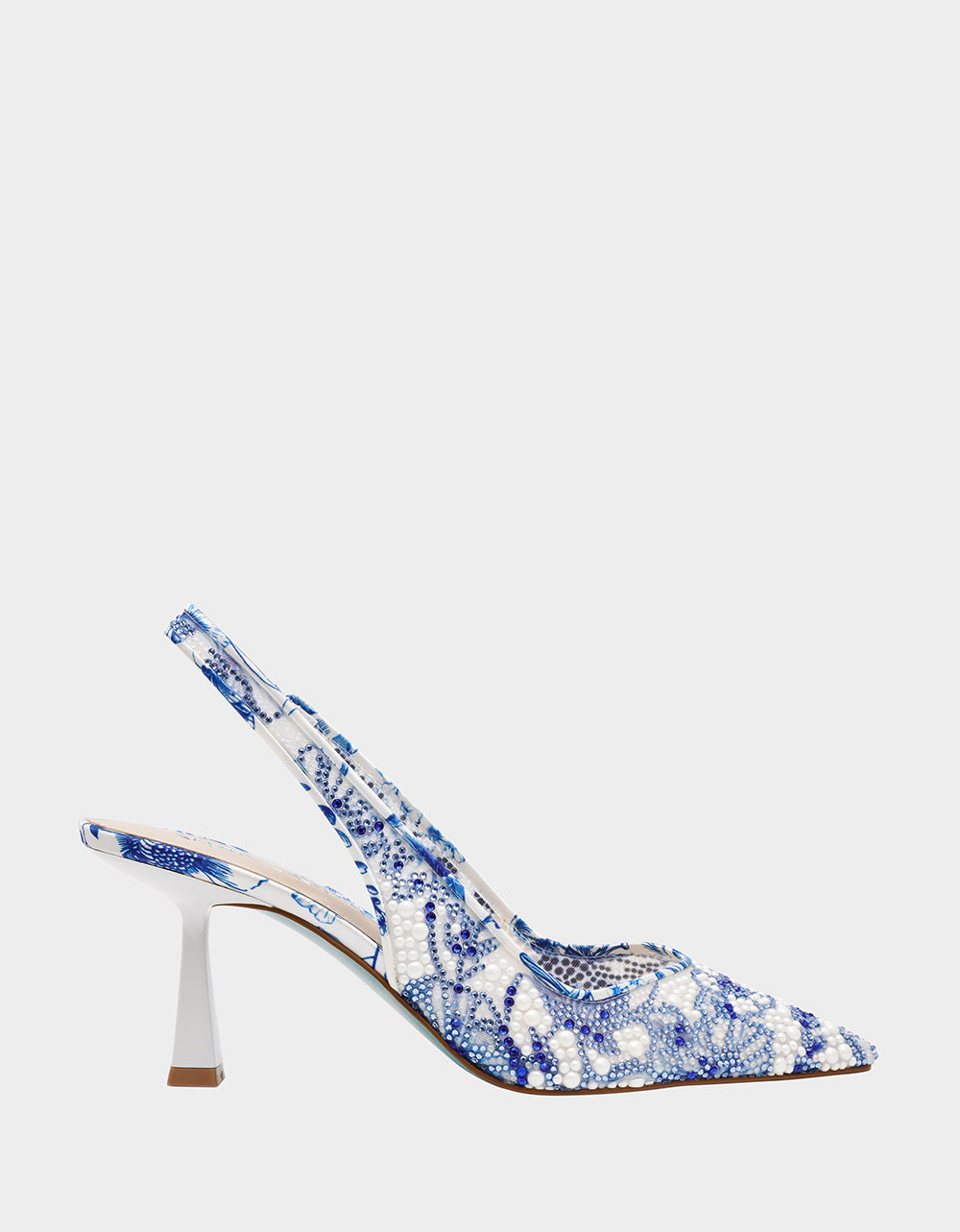 CLARK HEELS WHITE/BLUE FLORAL Women's Sling-Back Mesh Rhinestone