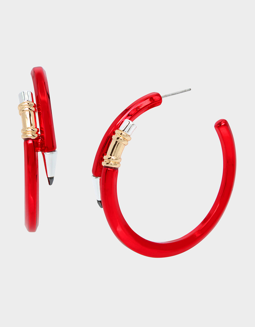 BOOK SMART PENCIL HOOP EARRINGS RED - JEWELRY - Betsey Johnson