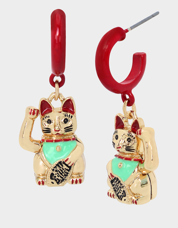 LUCKING OUT LUCKY CAT HUGGIE EARRINGS RED - JEWELRY - Betsey Johnson