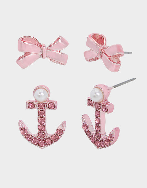 PINK SUMMER ANCHOR EARRING SET PINK - JEWELRY - Betsey Johnson