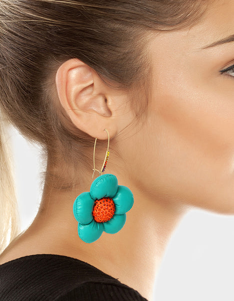 BETSEYS PUFFY FLOWERS HOOK EARRINGS TEAL - JEWELRY - Betsey Johnson