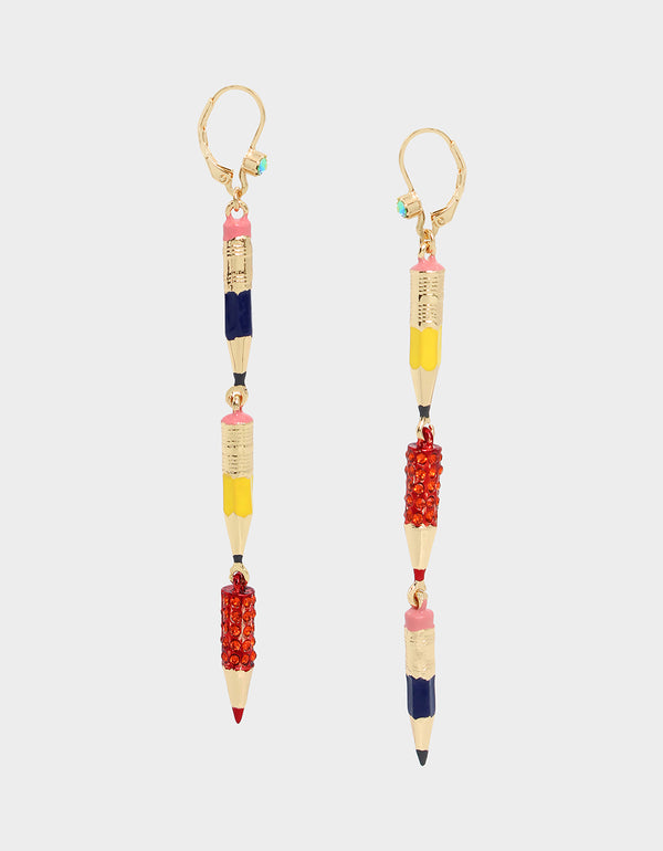 BOOK SMART PENCIL LINEAR EARRINGS MULTI - JEWELRY - Betsey Johnson