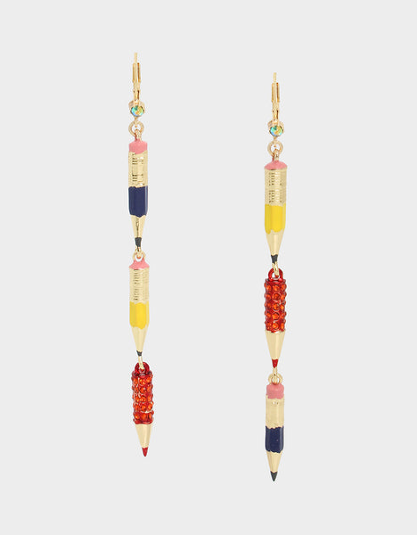 BOOK SMART PENCIL LINEAR EARRINGS MULTI - JEWELRY - Betsey Johnson