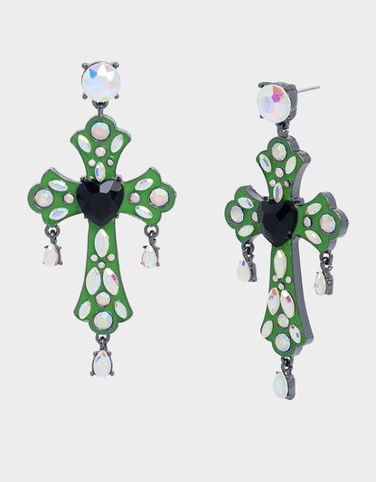 GHOUL FRIENDS STONE CROSS DROP EARRINGS GREEN - JEWELRY - Betsey Johnson