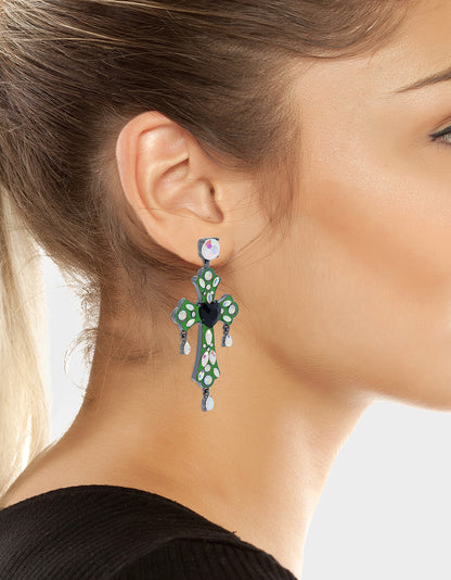 GHOUL FRIENDS STONE CROSS DROP EARRINGS GREEN - JEWELRY - Betsey Johnson