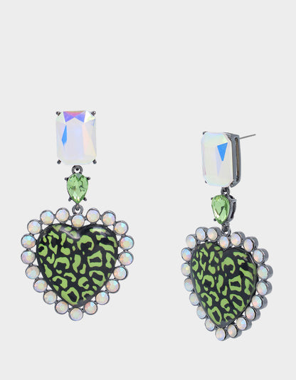 GHOUL FRIENDS LEOPARD HEART DROP EARRINGS GREEN - JEWELRY - Betsey Johnson