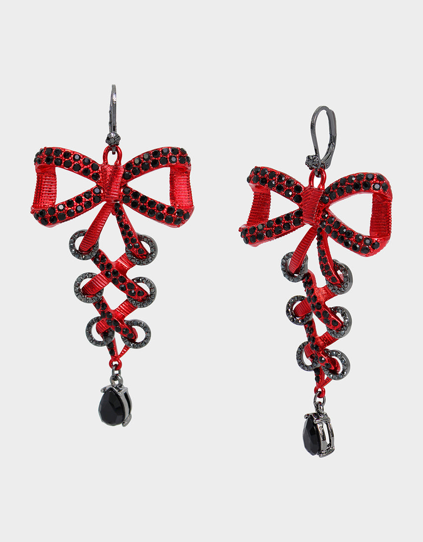 RED BOWS CORSET CHANDELIER EARRINGS RED - JEWELRY - Betsey Johnson