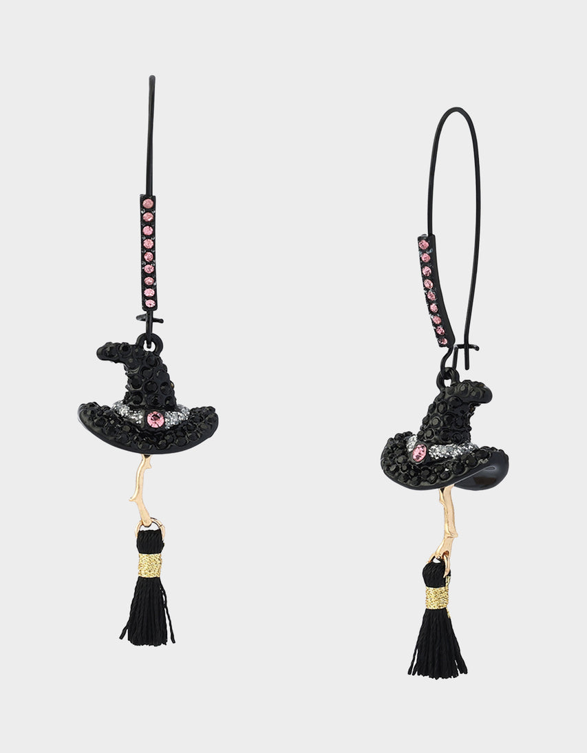 WITCH HAT BROOM SHEPHERD HOOK EARRING PINK
