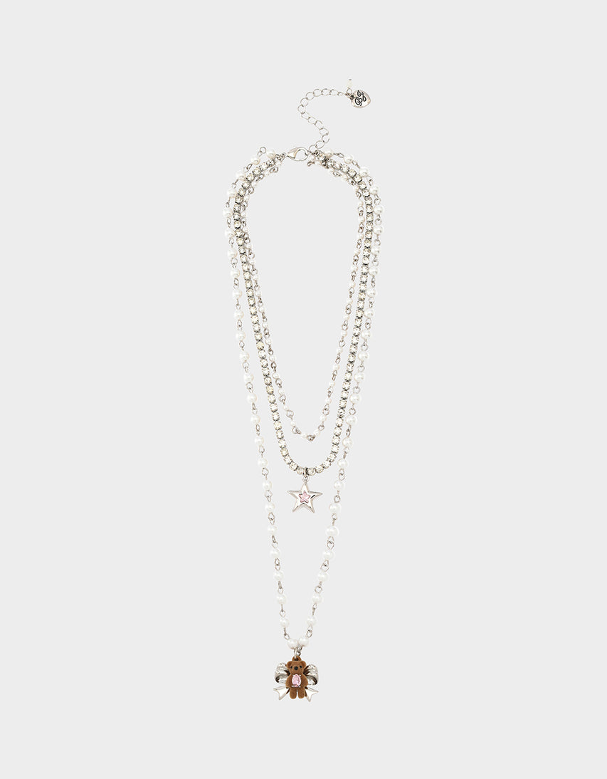 TEDDY BOW ILLUSION NECKLACE PINK - JEWELRY - Betsey Johnson