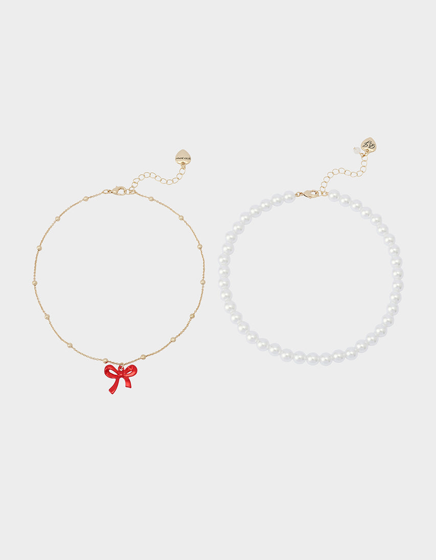 PEARL BOW NECKLACE SET RED - JEWELRY - Betsey Johnson