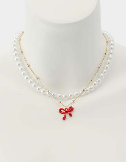 PEARL BOW NECKLACE SET RED - JEWELRY - Betsey Johnson