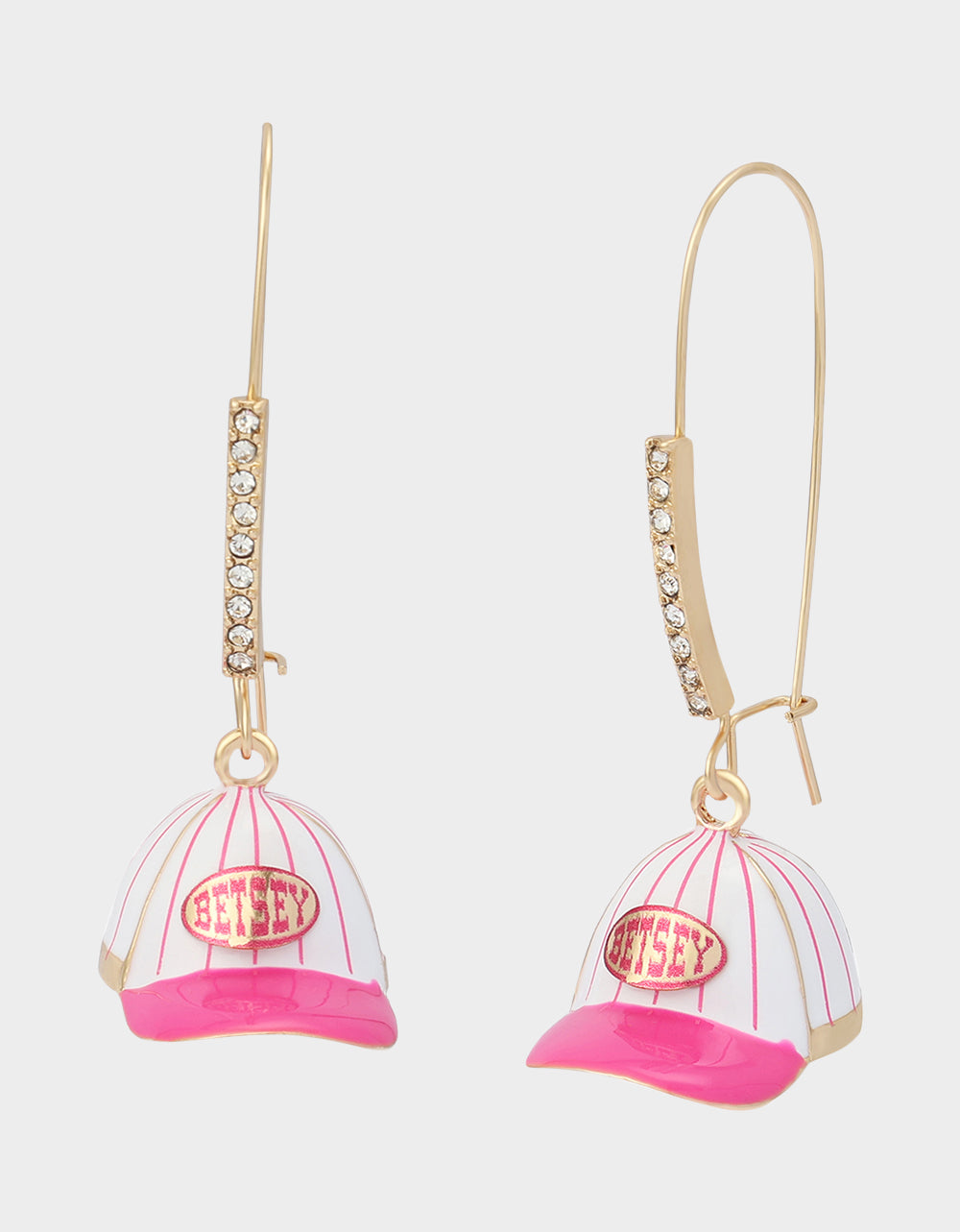 BASEBALL HAT SHEPHERD HOOK EARRINGS PINK - JEWELRY - Betsey Johnson