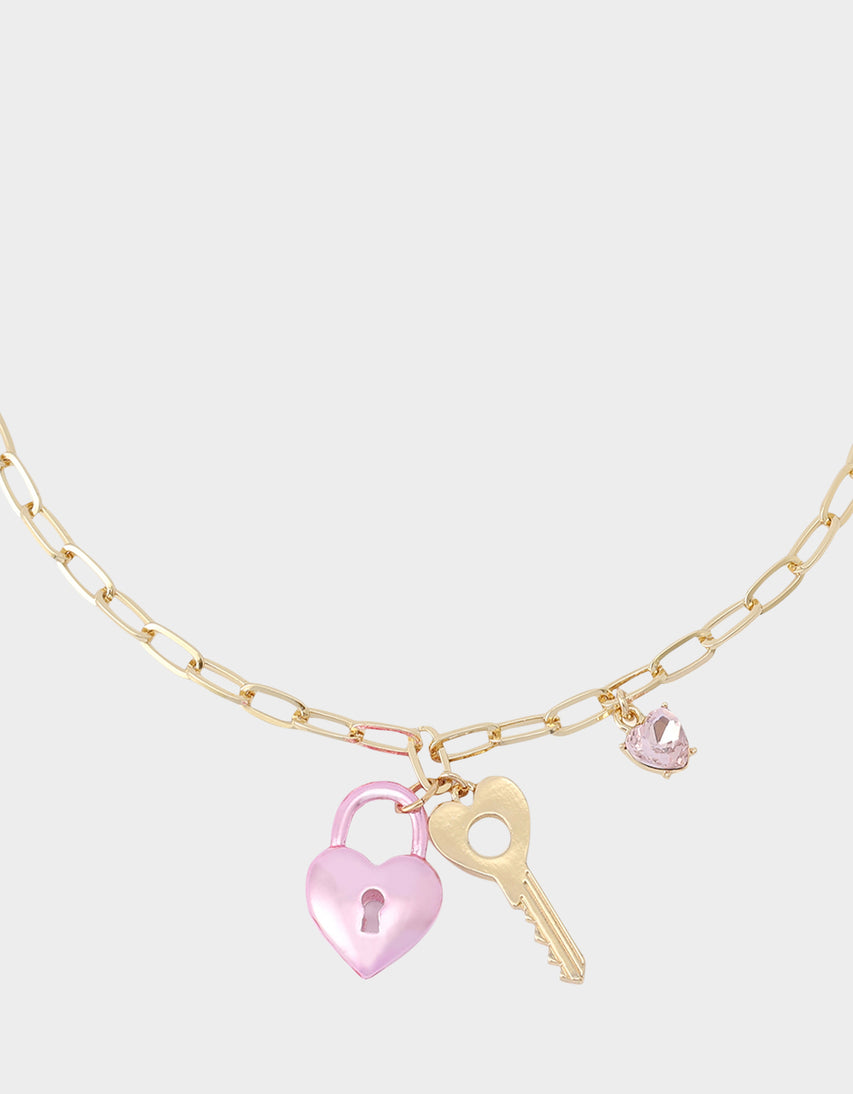 HEART LOCK SHORT PENDANT NECKLACE PINK - JEWELRY - Betsey Johnson