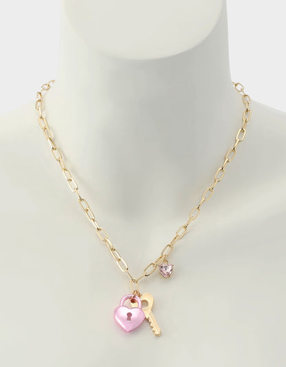 HEART LOCK SHORT PENDANT NECKLACE PINK - JEWELRY - Betsey Johnson