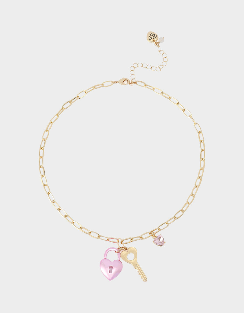 HEART LOCK SHORT PENDANT NECKLACE PINK - JEWELRY - Betsey Johnson