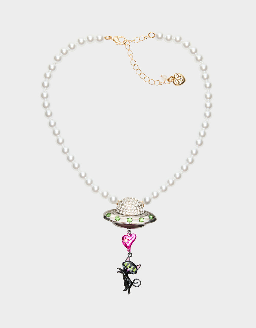 BEAM ME UP STARSHIP & CAT CHARM PENDANT NECKLACE MULTI