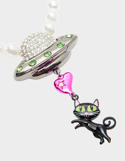 BEAM ME UP STARSHIP & CAT CHARM PENDANT NECKLACE MULTI