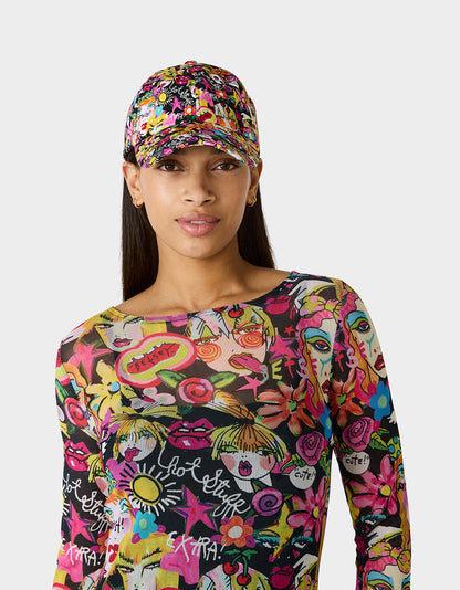 PRINTED BASEBALL HAT WITH BOW TIE BLACK MULTI - ACCESSORIES - Betsey Johnson