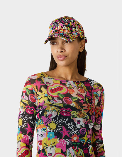PRINTED BASEBALL HAT WITH BOW TIE BLACK MULTI - ACCESSORIES - Betsey Johnson