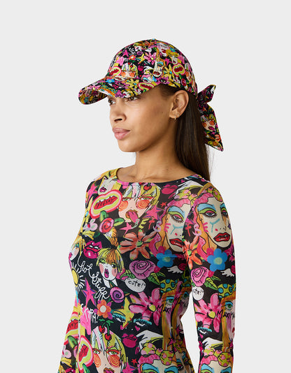 PRINTED BASEBALL HAT WITH BOW TIE BLACK MULTI - ACCESSORIES - Betsey Johnson