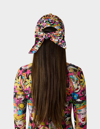 PRINTED BASEBALL HAT WITH BOW TIE BLACK MULTI - ACCESSORIES - Betsey Johnson