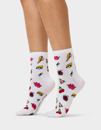 2-PACK EMBROIDERED CREW SOCK BLACK MULTI - ACCESSORIES - Betsey Johnson