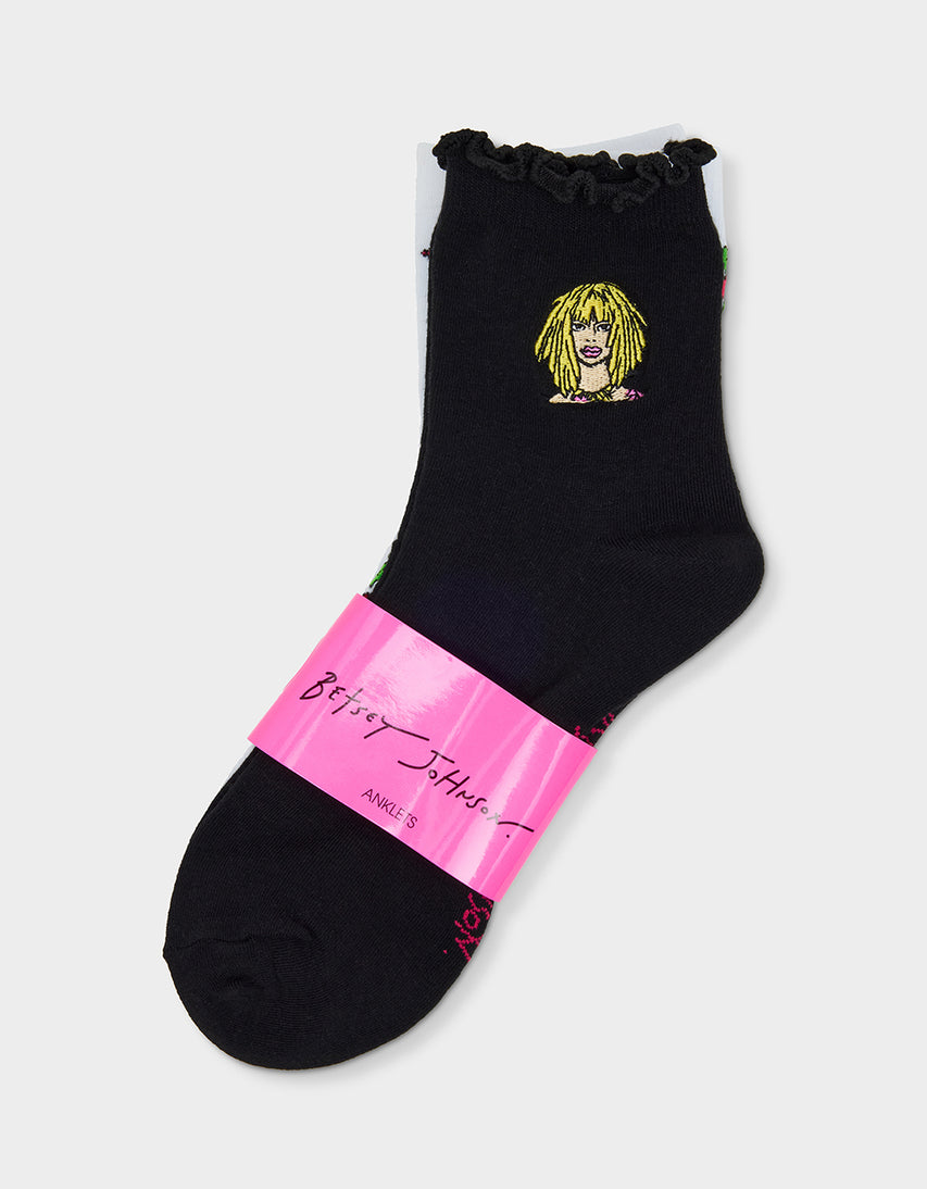 2-PACK EMBROIDERED CREW SOCK BLACK MULTI - ACCESSORIES - Betsey Johnson
