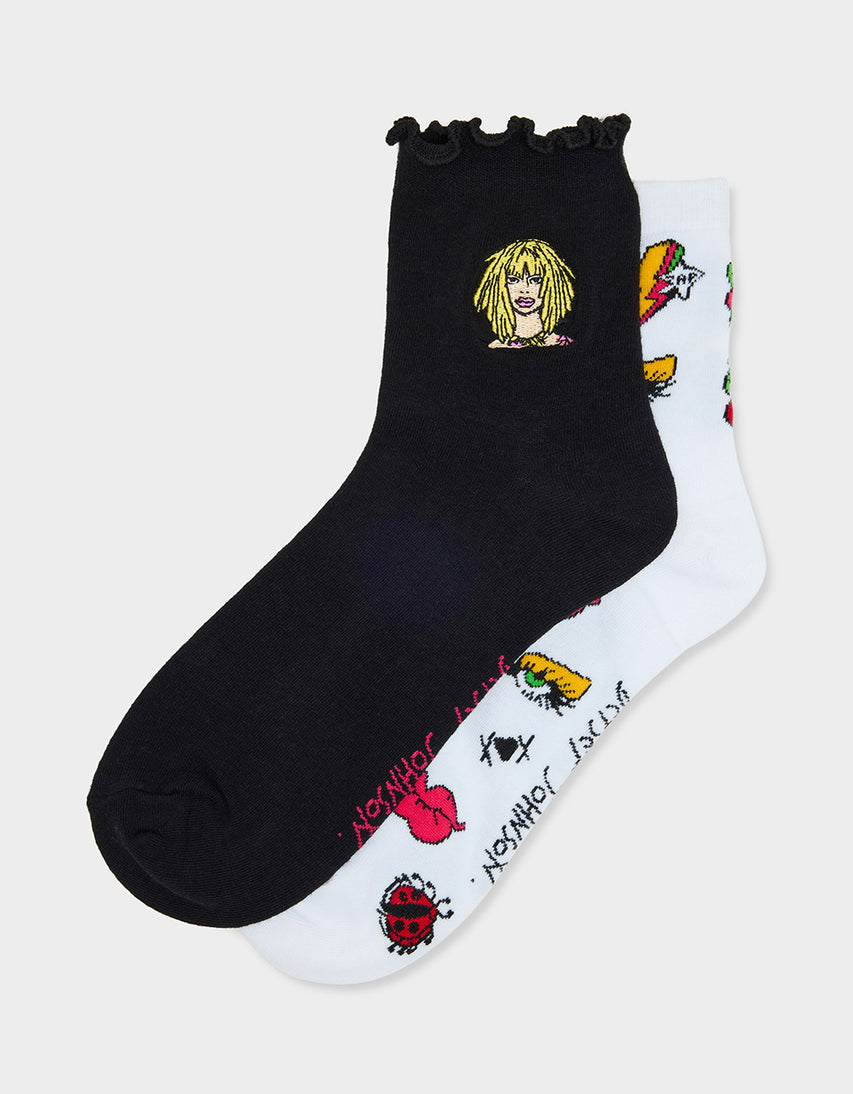 2-PACK EMBROIDERED CREW SOCK BLACK MULTI - ACCESSORIES - Betsey Johnson