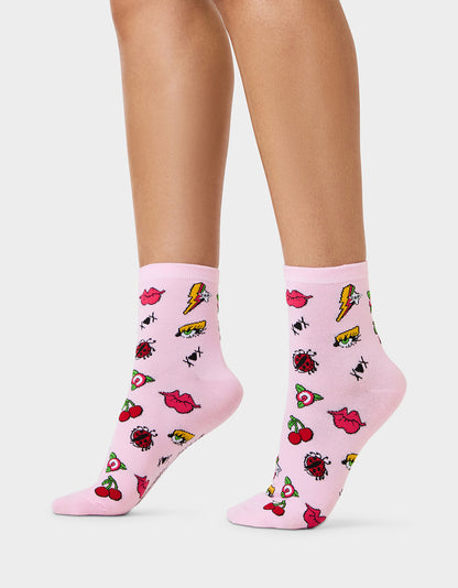 2-PACK EMBROIDERED CREW SOCK PINK MULTI - ACCESSORIES - Betsey Johnson
