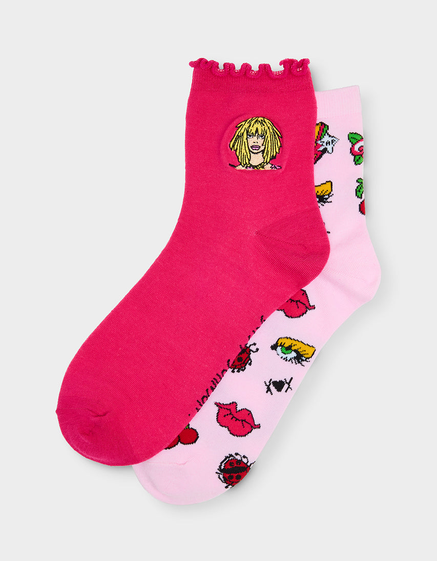 2-PACK EMBROIDERED CREW SOCK PINK MULTI - ACCESSORIES - Betsey Johnson