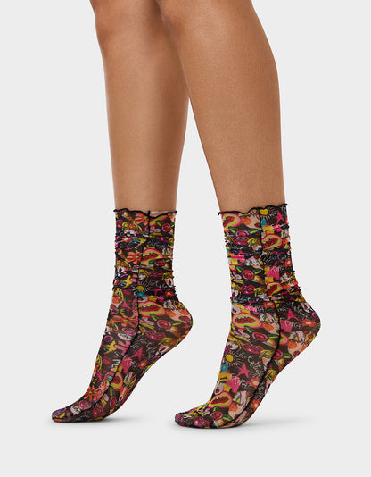 2-PACK BETSEY'S FACES MESH CREW SOCKS BLACK MULTI - ACCESSORIES - Betsey Johnson
