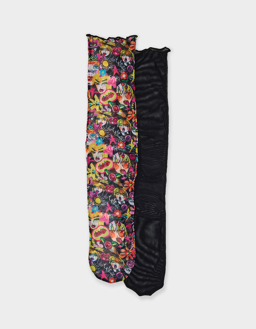 2-PACK BETSEY'S FACES MESH CREW SOCKS BLACK MULTI - ACCESSORIES - Betsey Johnson