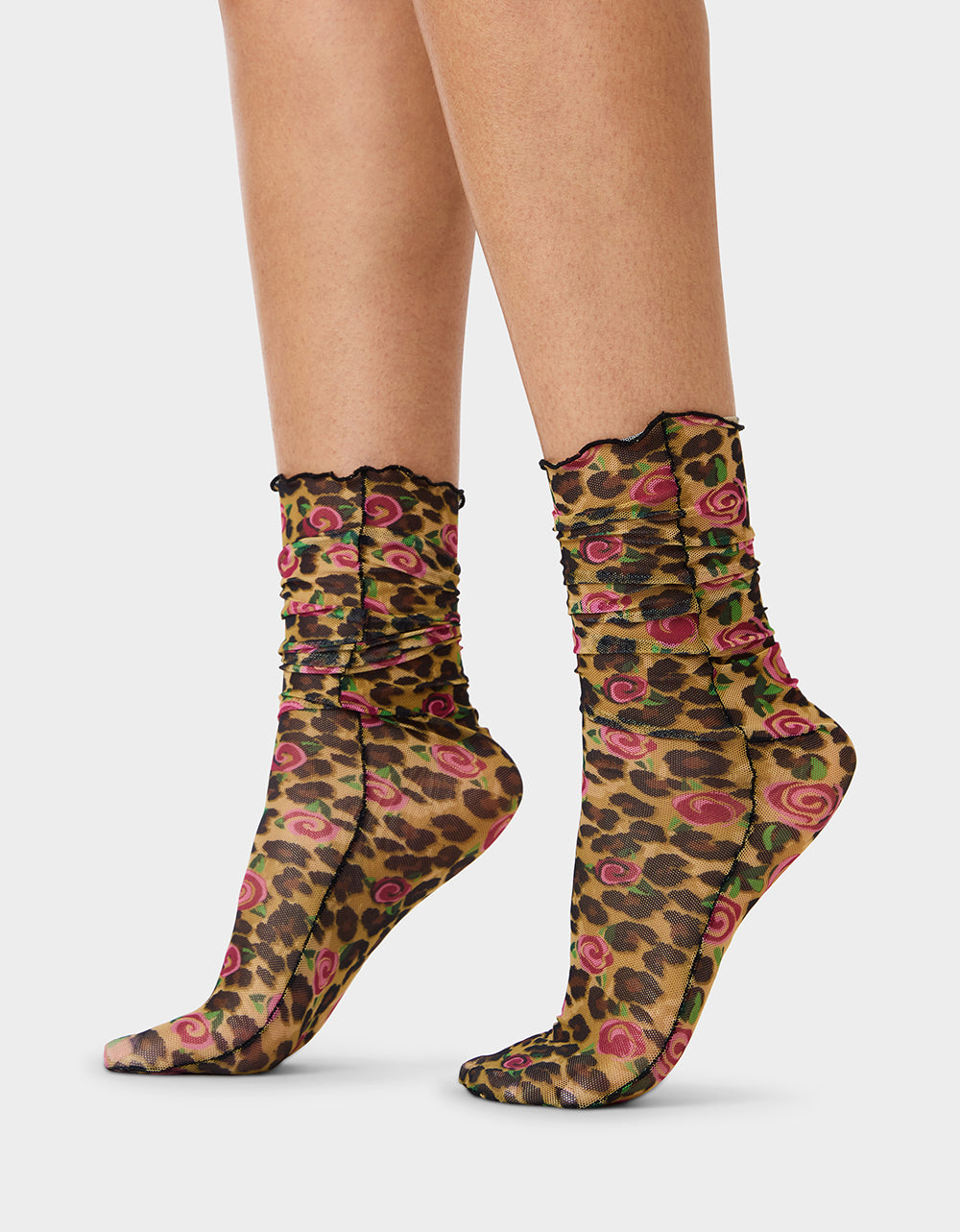 2-PACK LEOPARD ROSE MESH CREW SOCKS TAN MULTI - ACCESSORIES - Betsey Johnson - view 3