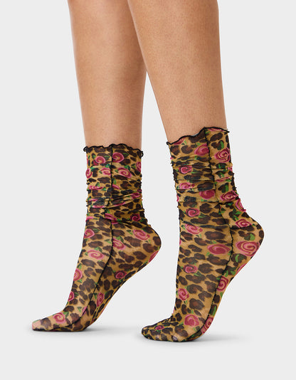 2-PACK LEOPARD ROSE MESH CREW SOCKS TAN MULTI - ACCESSORIES - Betsey Johnson