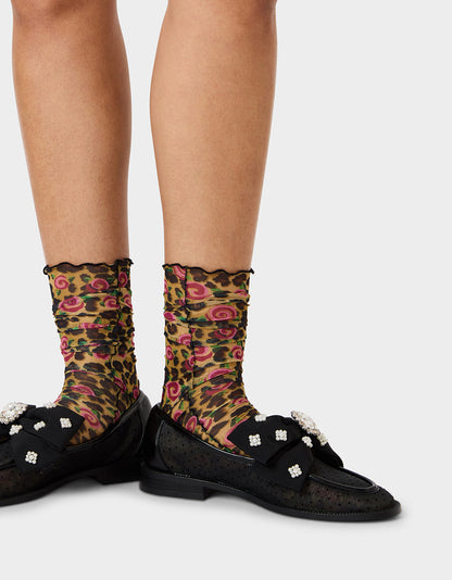 2-PACK LEOPARD ROSE MESH CREW SOCKS TAN MULTI - ACCESSORIES - Betsey Johnson