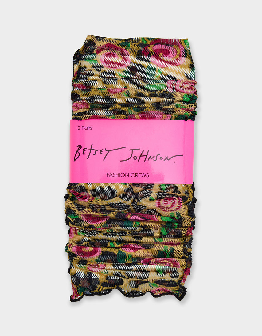 2-PACK LEOPARD ROSE MESH CREW SOCKS TAN MULTI - ACCESSORIES - Betsey Johnson