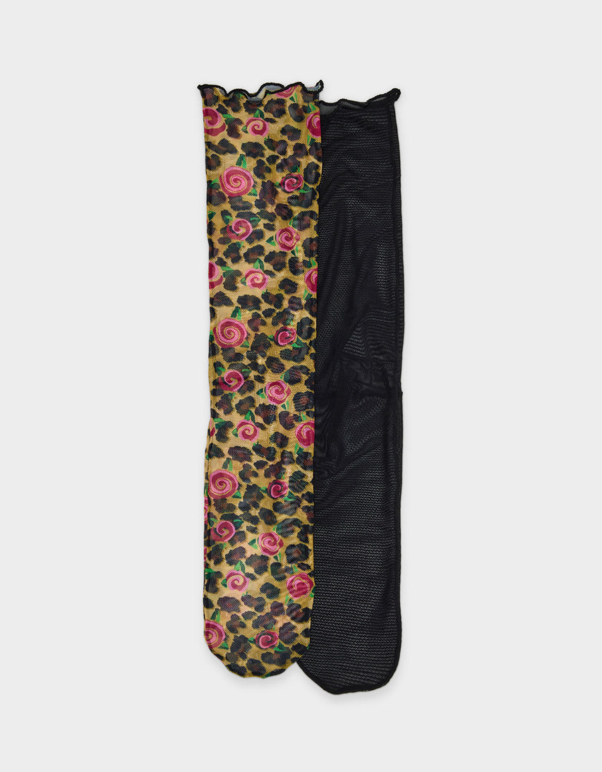 2-PACK LEOPARD ROSE MESH CREW SOCKS TAN MULTI - ACCESSORIES - Betsey Johnson