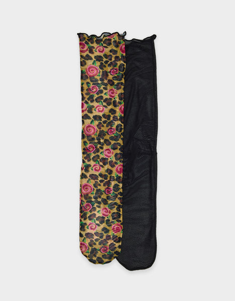 2-PACK LEOPARD ROSE MESH CREW SOCKS TAN MULTI Women's Sheer Mesh