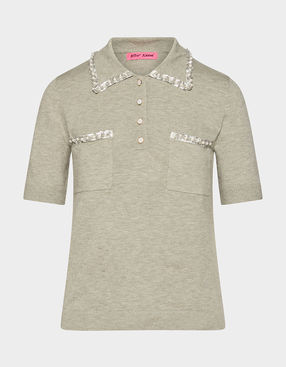 新品未使用 minuere tweed pearl button polo POLISHED IN PEARLS POLO HEATHER GREY Women's Grey Pearl