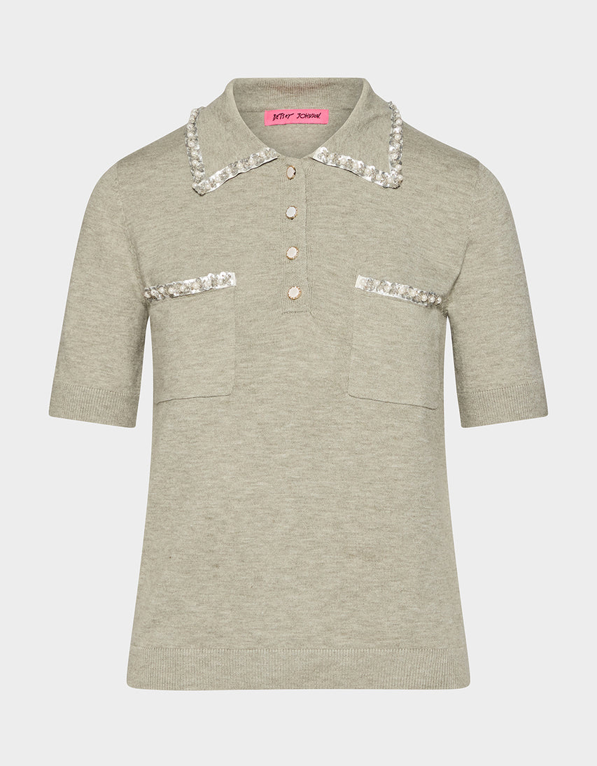 POLISHED IN PEARLS POLO HEATHER GREY - APPAREL - Betsey Johnson