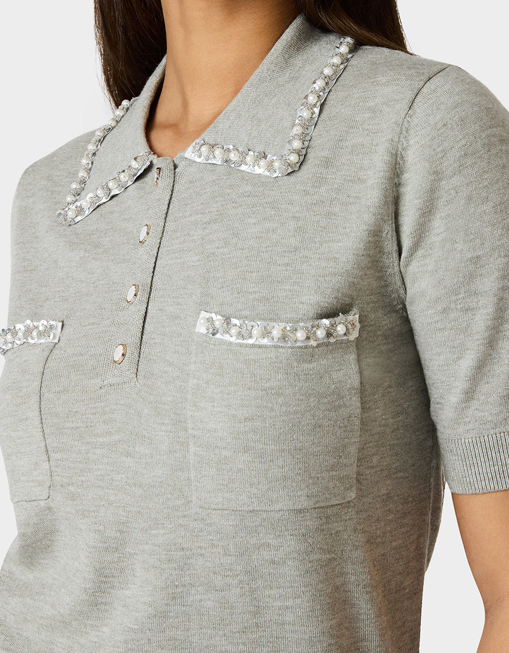 POLISHED IN PEARLS POLO HEATHER GREY - APPAREL - Betsey Johnson - view 6