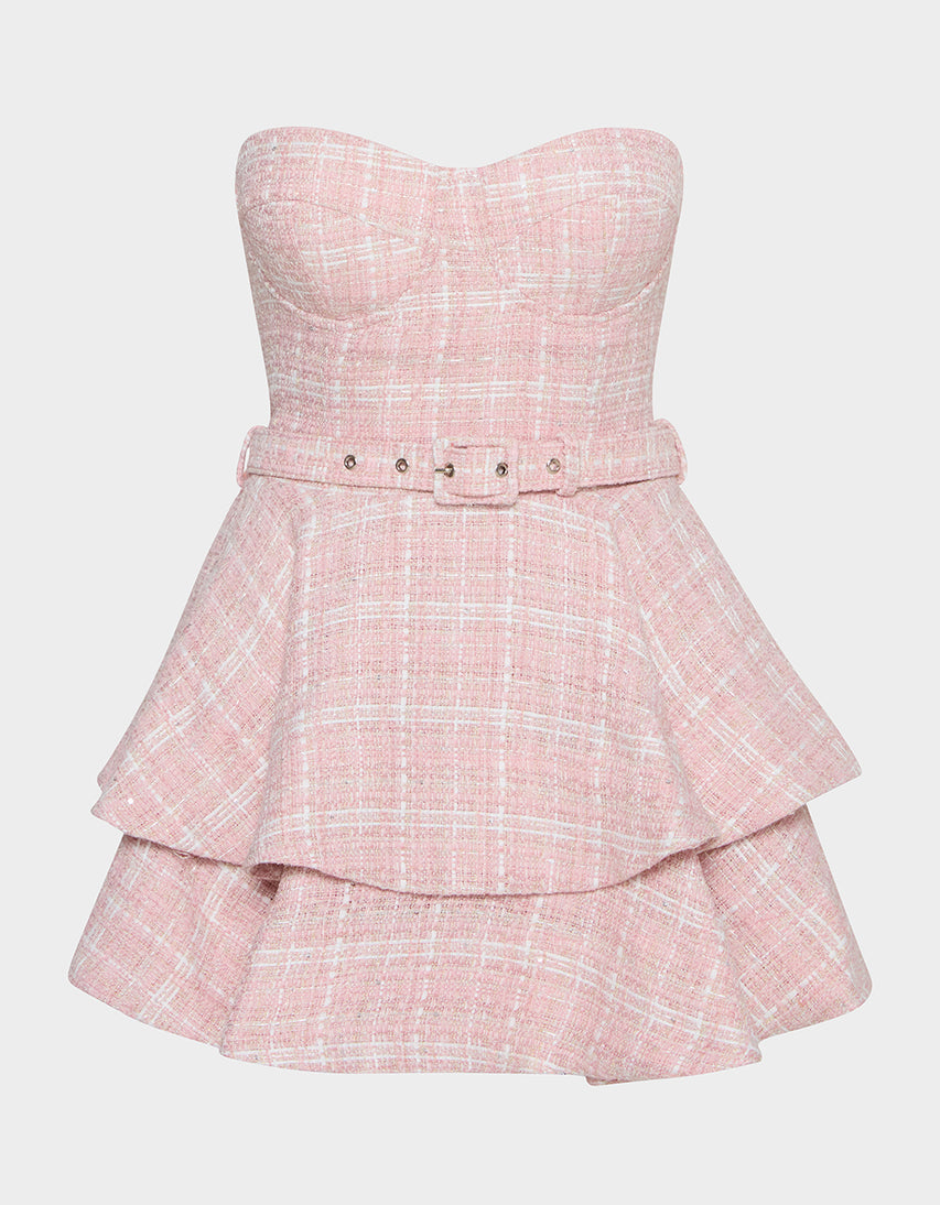 BELTED TWEED DRESS POWDER PINK - APPAREL - Betsey Johnson