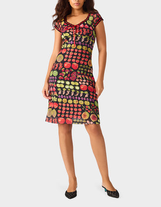 BETSEY'S FRUIT DRESS BLACK MULTI Women's Fruit Print Short-Sleeved Slip