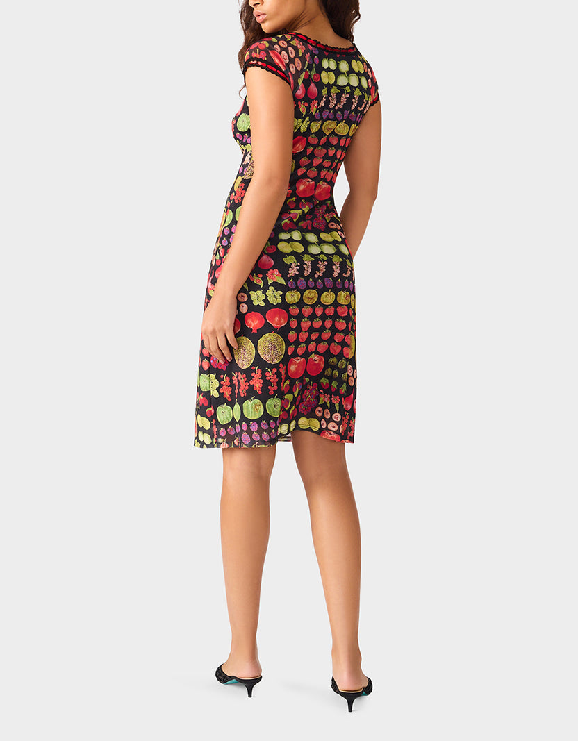 BETSEY'S FRUIT DRESS BLACK MULTI Women's Fruit Print Short-Sleeved Slip