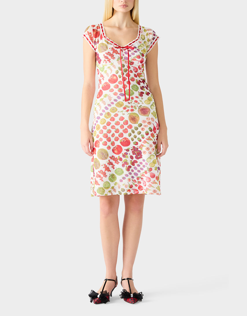 BETSEY'S FRUIT DRESS WHITE MULTI Women's Fruit Print Short-Sleeved Slip
