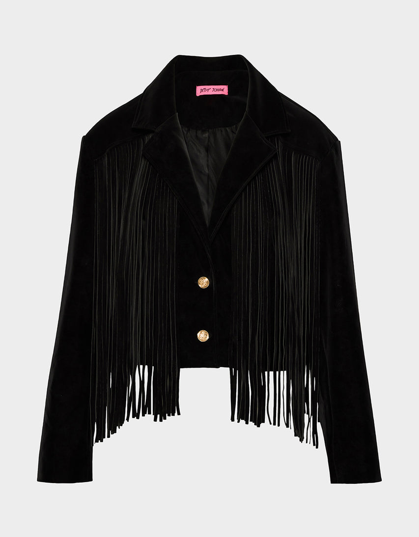 FRINGE FEVER JACKET BLACK - APPAREL - Betsey Johnson
